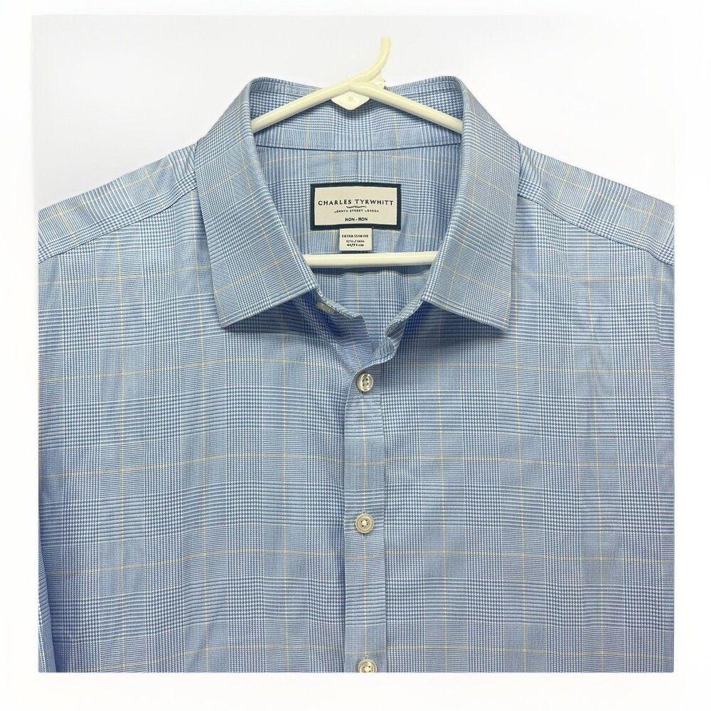 Charles Tyrwhitt Dress Shirt Mens XL 17.5/44 Blue‎ Non-Iron Long Sleeve Slim Fit